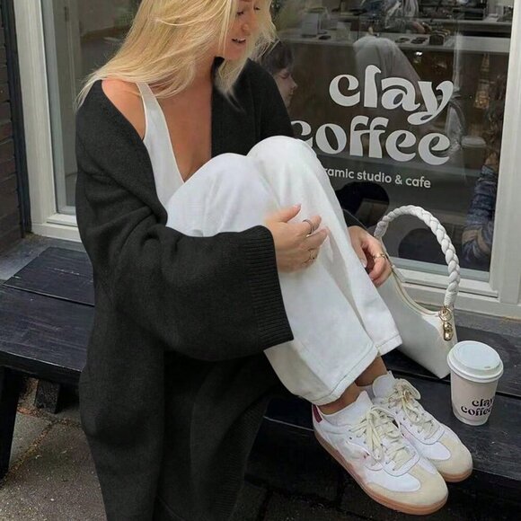 Black casual womens open front knit sweater cardigan - Picture 3 of 9